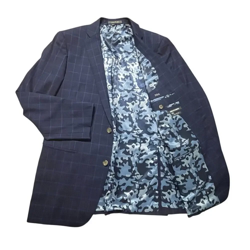 Indochino 2pc Suits Mens Size 44 R Navy Windowpane Camo Lined Jacket Pants 36x31